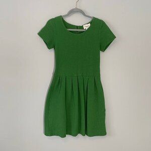 Ganni green textured fit and flare short sleeve cotton stretch knee length dress